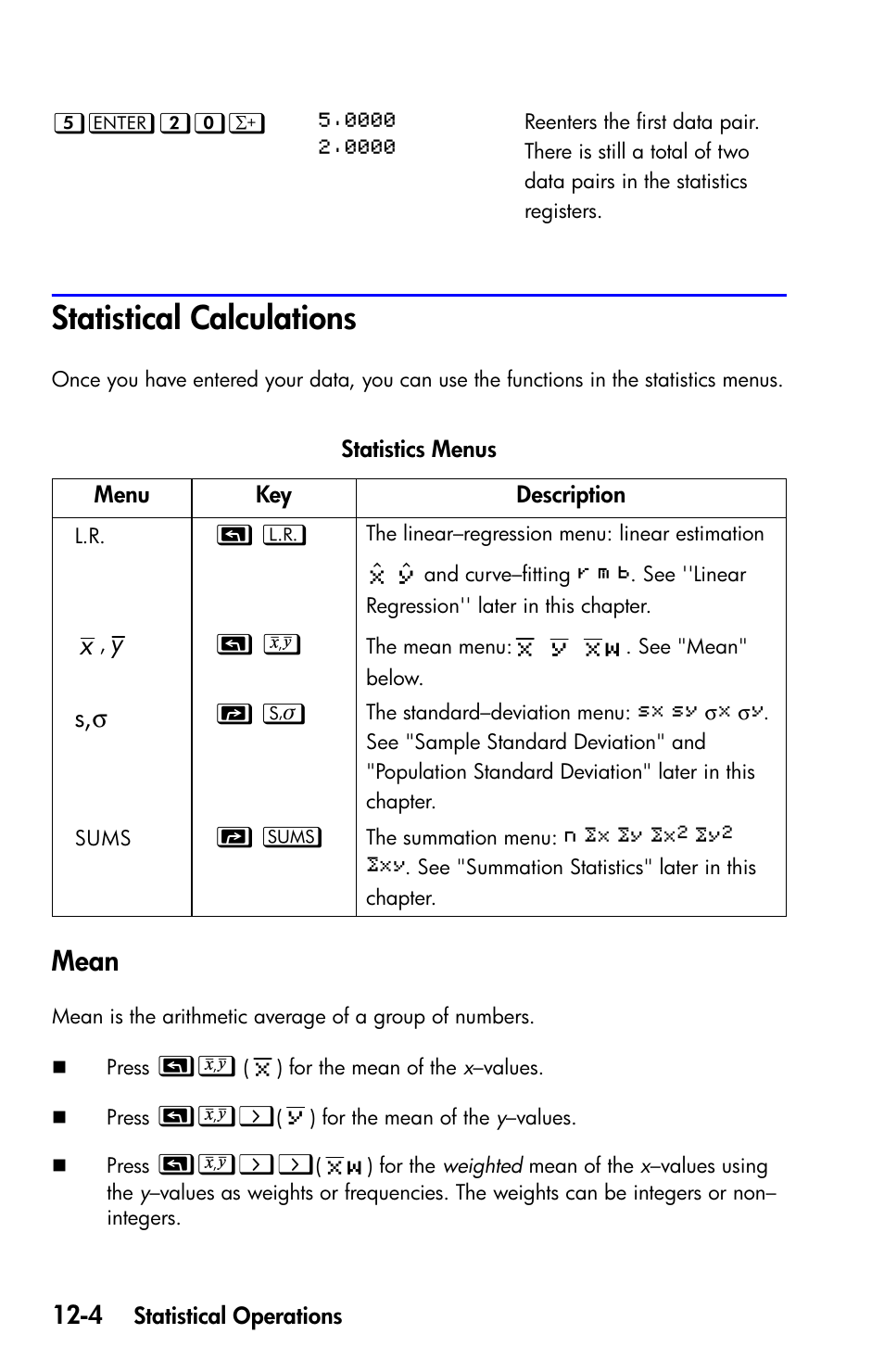 Statistical calculations, Mean | HP 35s Scientific Calculator User Manual | Page 170 / 382