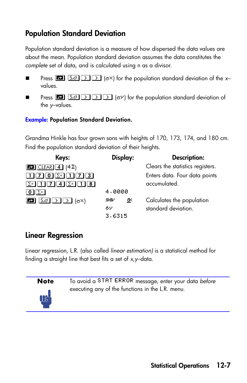 Population standard deviation, Linear regression | HP 35s Scientific Calculator User Manual | Page 173 / 382