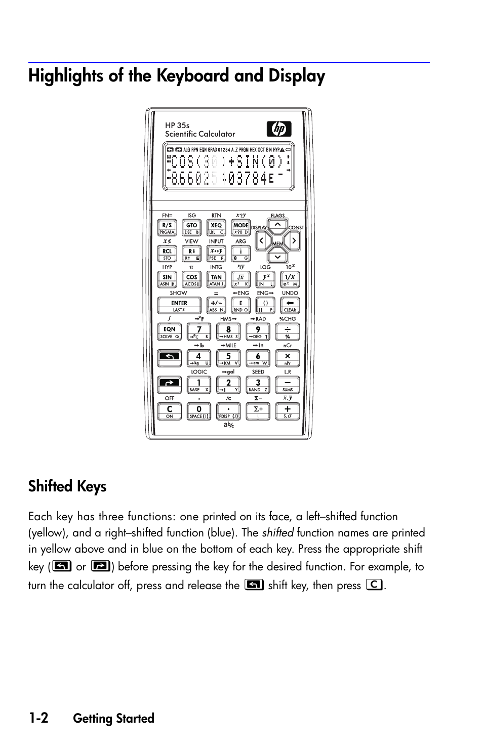 Highlights of the keyboard and display, Shifted keys | HP 35s Scientific Calculator User Manual | Page 18 / 382