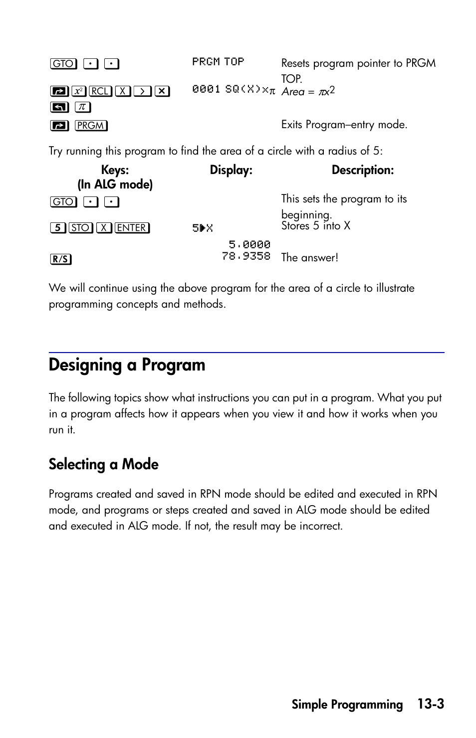 Designing a program, Selecting a mode | HP 35s Scientific Calculator User Manual | Page 185 / 382