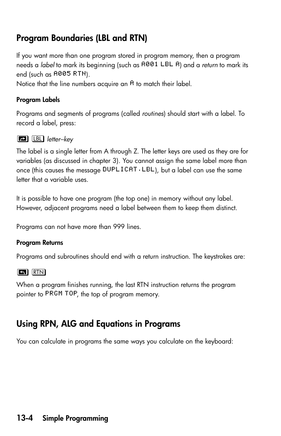 Program boundaries (lbl and rtn), Using rpn, alg and equations in programs | HP 35s Scientific Calculator User Manual | Page 186 / 382