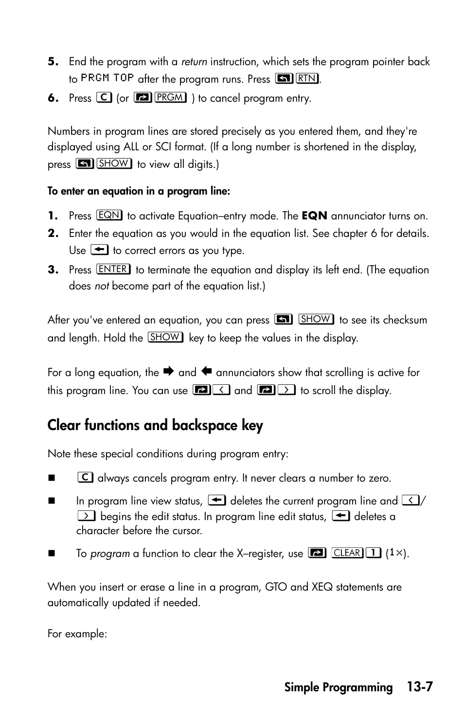 Clear functions and backspace key | HP 35s Scientific Calculator User Manual | Page 189 / 382