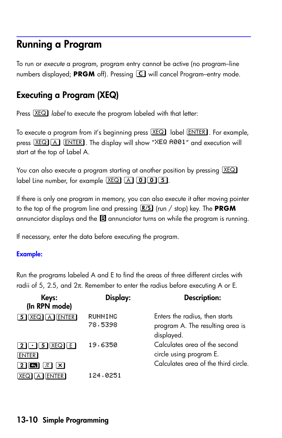 Running a program, Executing a program (xeq) | HP 35s Scientific Calculator User Manual | Page 192 / 382