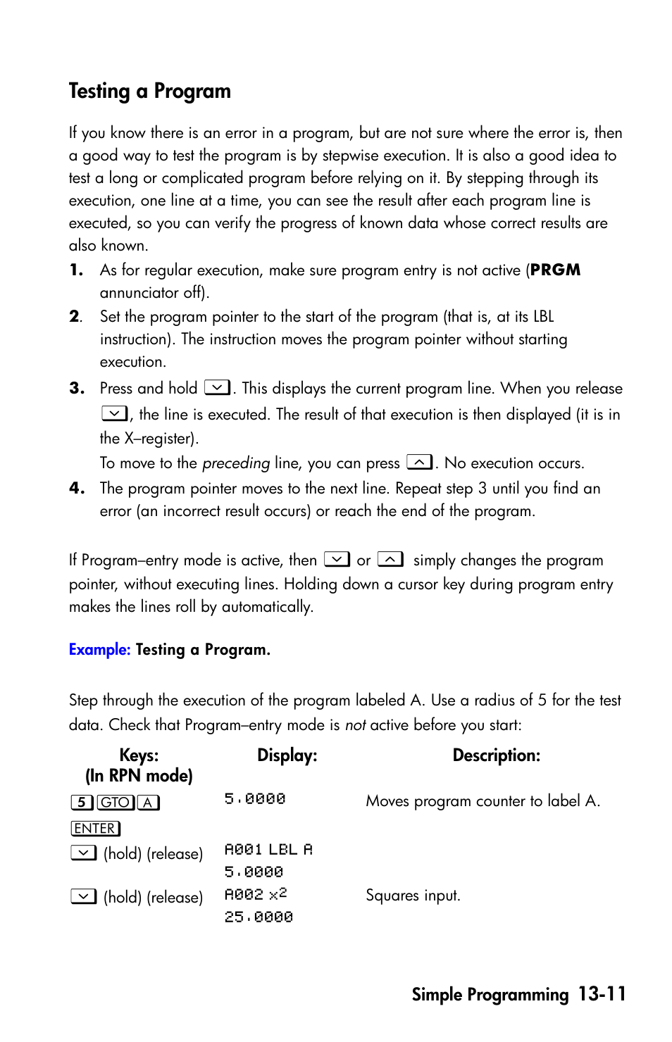 Testing a program | HP 35s Scientific Calculator User Manual | Page 193 / 382