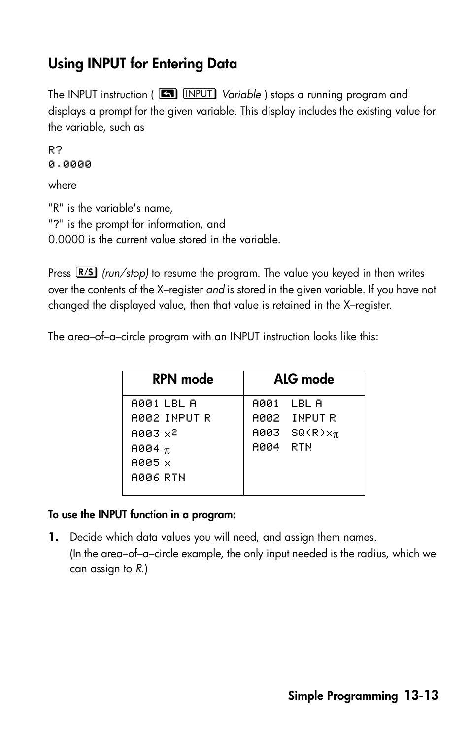 Using input for entering data, Rpn mode alg mode | HP 35s Scientific Calculator User Manual | Page 195 / 382