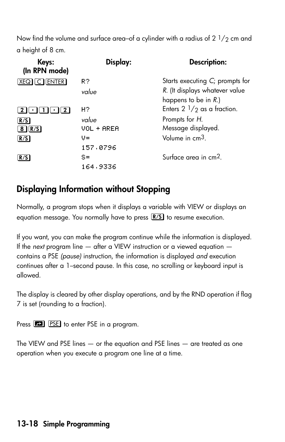 Displaying information without stopping | HP 35s Scientific Calculator User Manual | Page 200 / 382