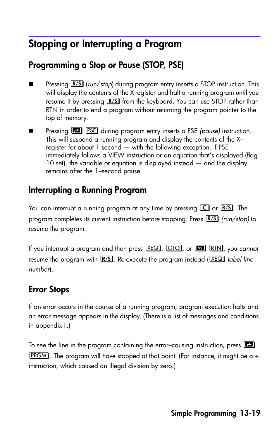 Stopping or interrupting a program, Programming a stop or pause (stop, pse), Interrupting a running program | Error stops | HP 35s Scientific Calculator User Manual | Page 201 / 382