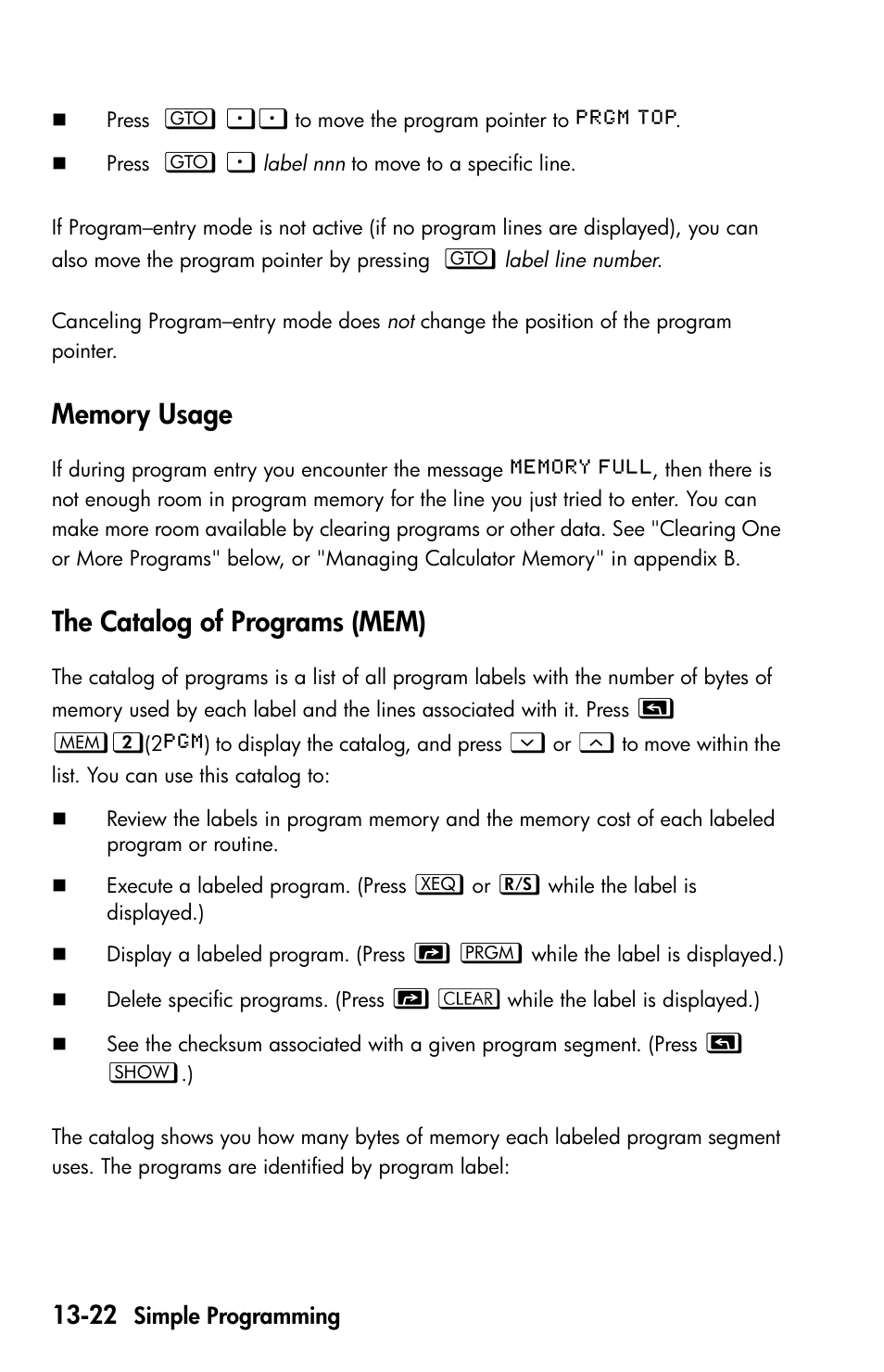 Memory usage, The catalog of programs (mem) | HP 35s Scientific Calculator User Manual | Page 204 / 382