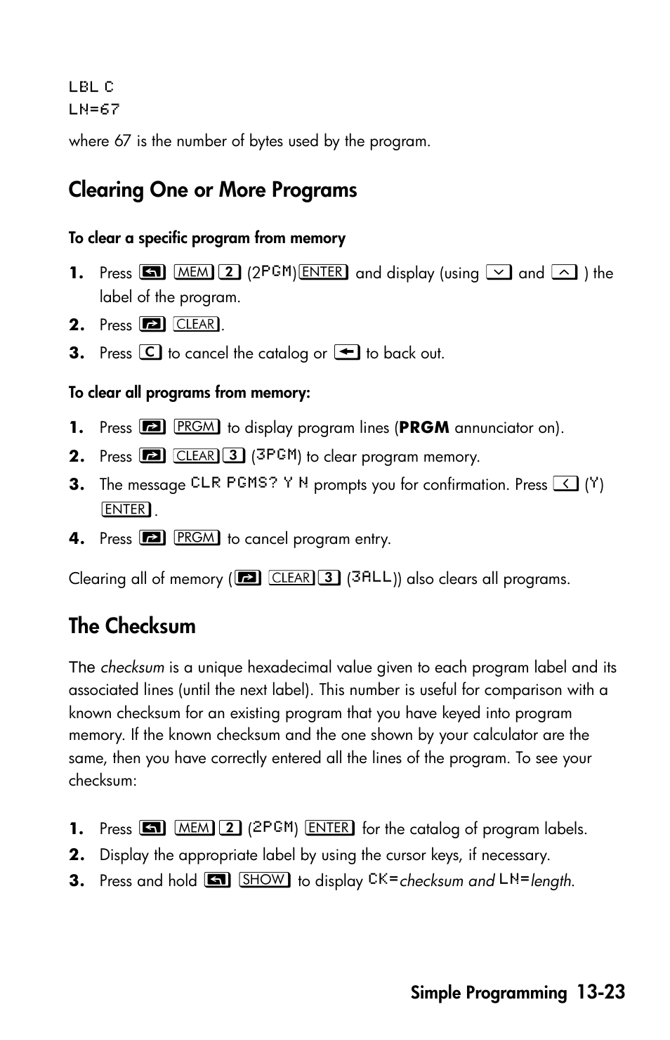 Clearing one or more programs, The checksum | HP 35s Scientific Calculator User Manual | Page 205 / 382