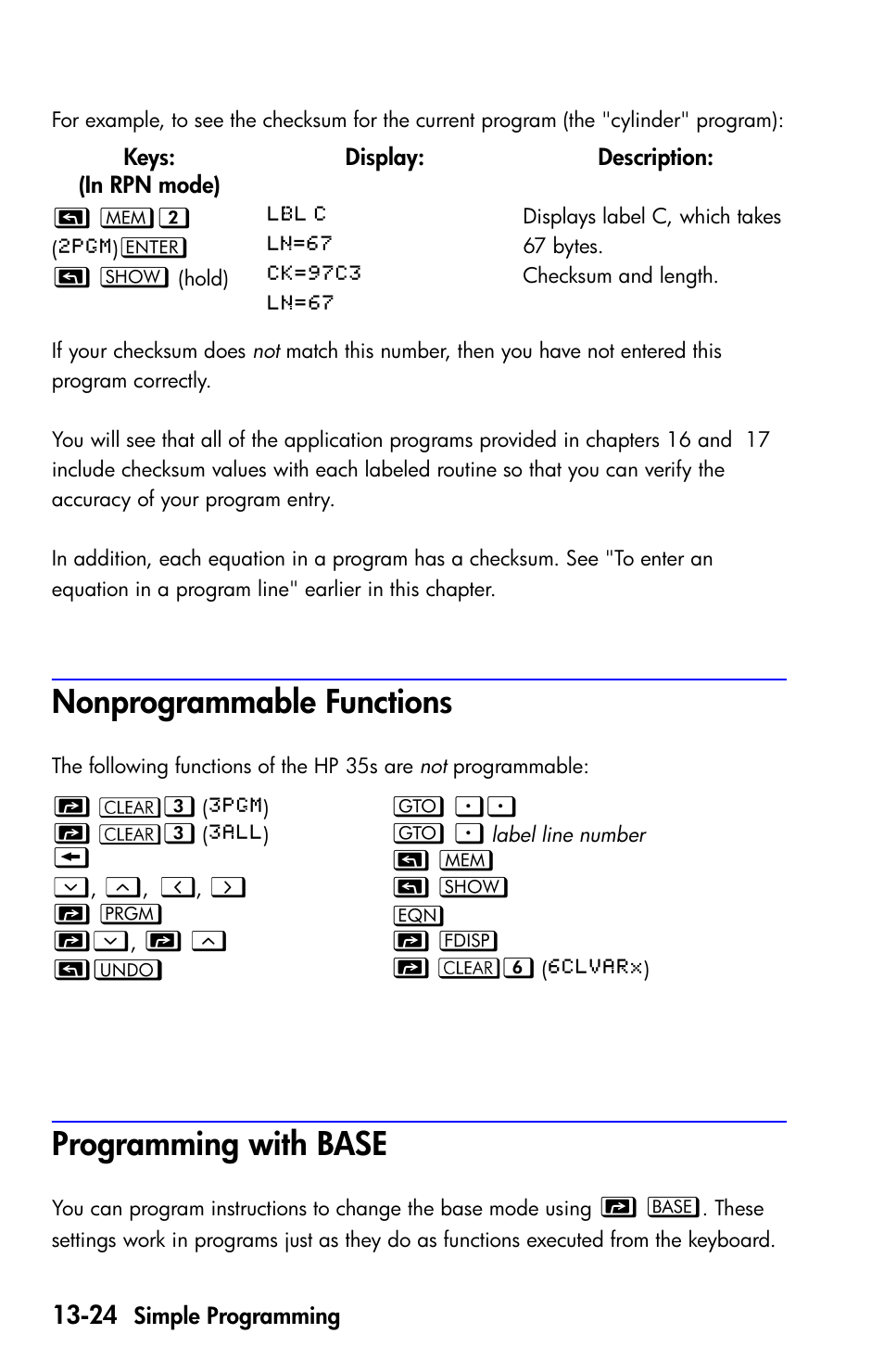 Nonprogrammable functions, Programming with base | HP 35s Scientific Calculator User Manual | Page 206 / 382