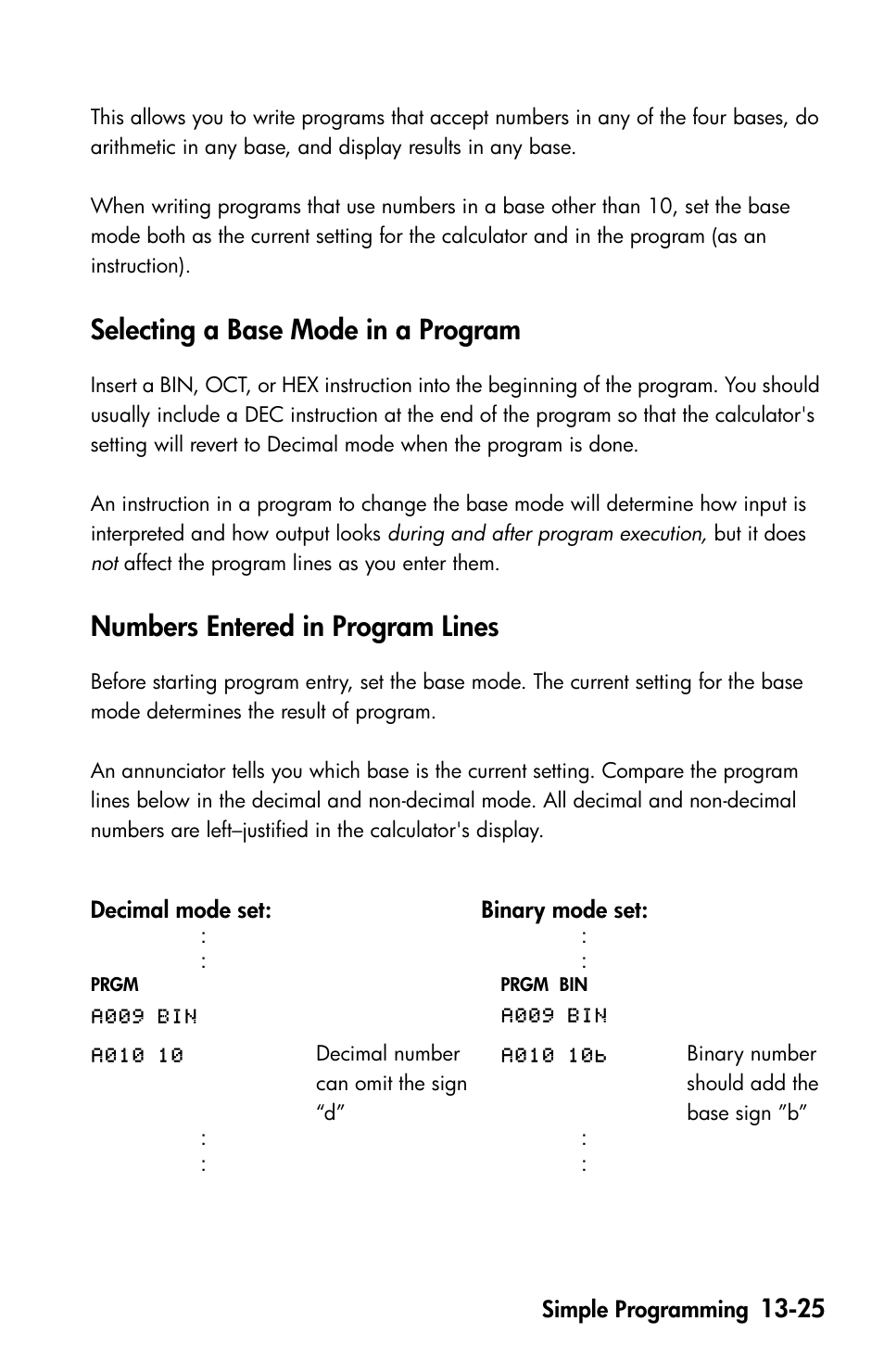 Selecting a base mode in a program, Numbers entered in program lines | HP 35s Scientific Calculator User Manual | Page 207 / 382