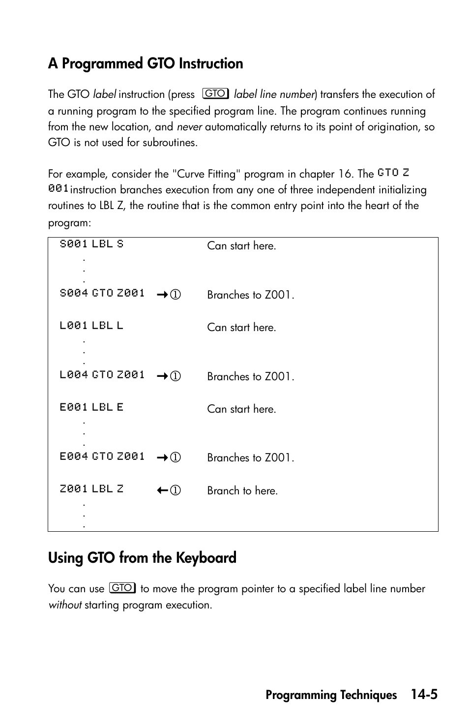 A programmed gto instruction, Using gto from the keyboard | HP 35s Scientific Calculator User Manual | Page 215 / 382