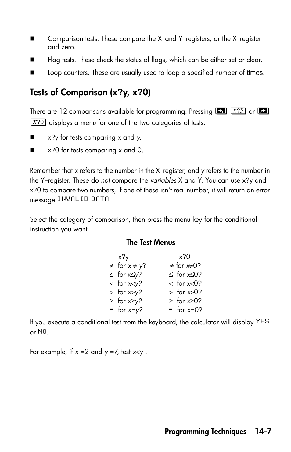 Tests of comparison (x?y, x?0), Tests of comparison (x | HP 35s Scientific Calculator User Manual | Page 217 / 382