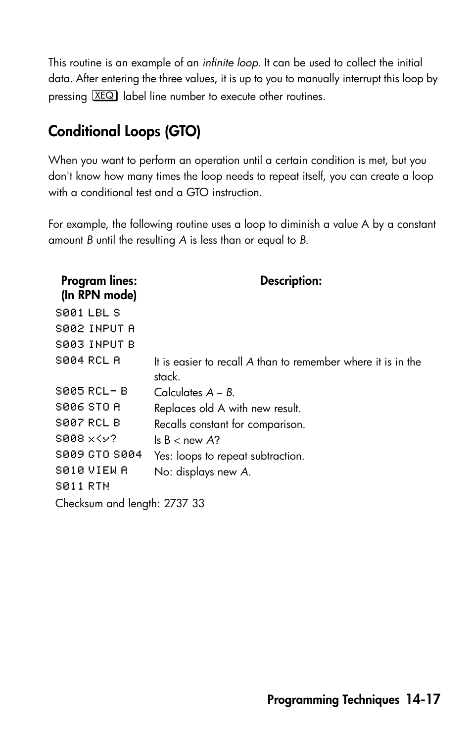 Conditional loops (gto) | HP 35s Scientific Calculator User Manual | Page 227 / 382