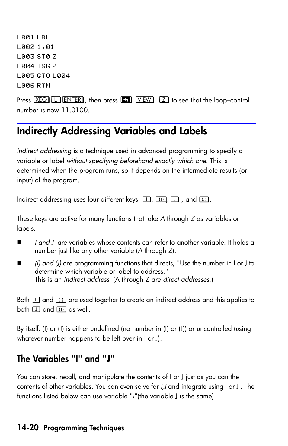 Indirectly addressing variables and labels, The variables "i" and "j, The variable | HP 35s Scientific Calculator User Manual | Page 230 / 382