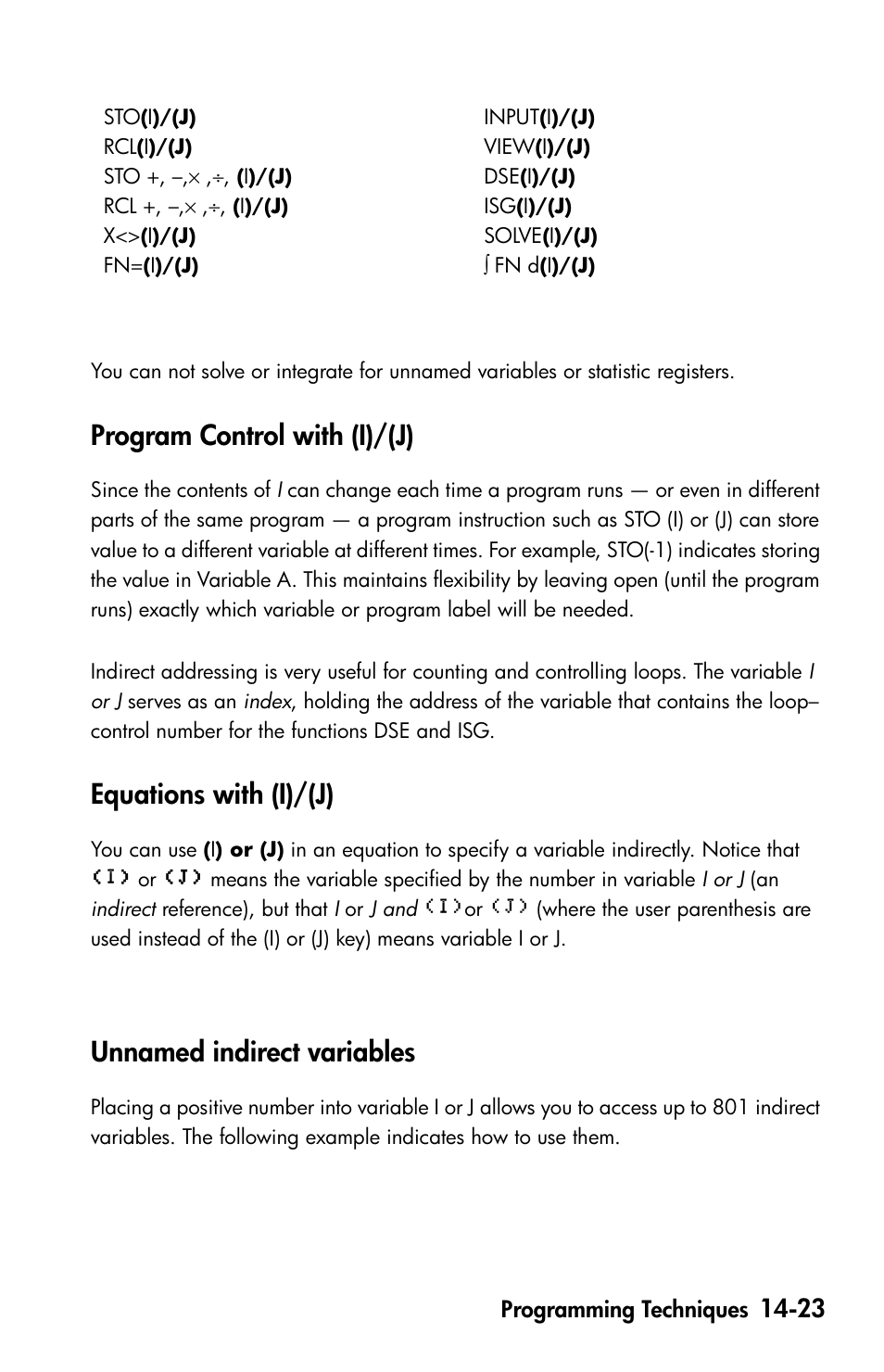 Program control with (i)/(j), Equations with (i)/(j), Unnamed indirect variables | Program control with (i, Equations wi | HP 35s Scientific Calculator User Manual | Page 233 / 382