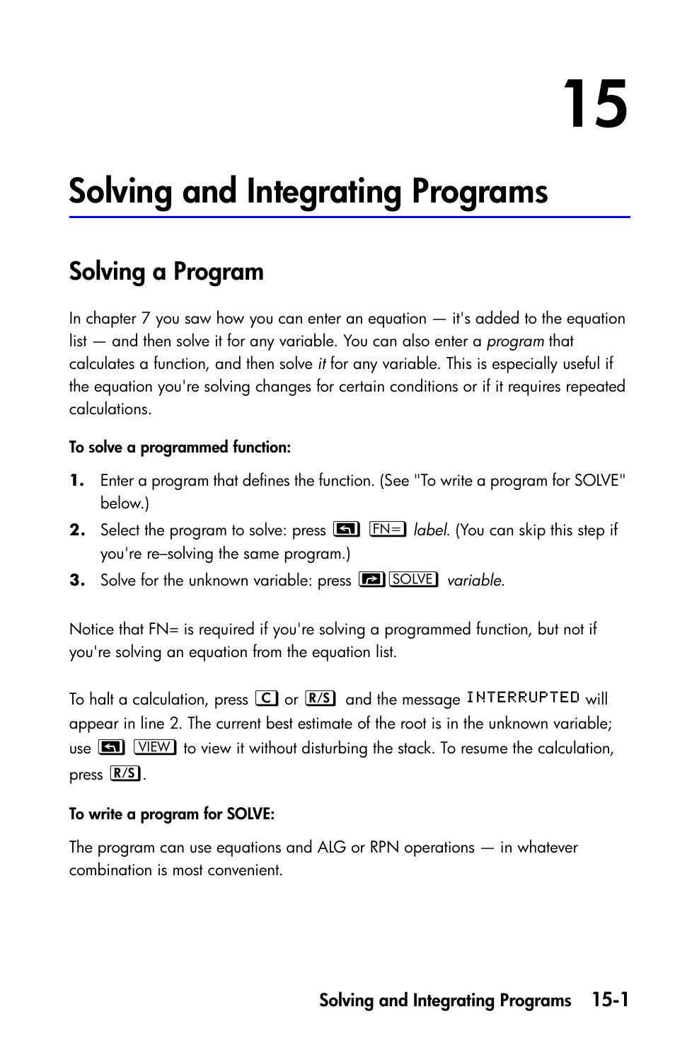 Solving and integrating programs, Solving a program, Solving and integrating | HP 35s Scientific Calculator User Manual | Page 235 / 382