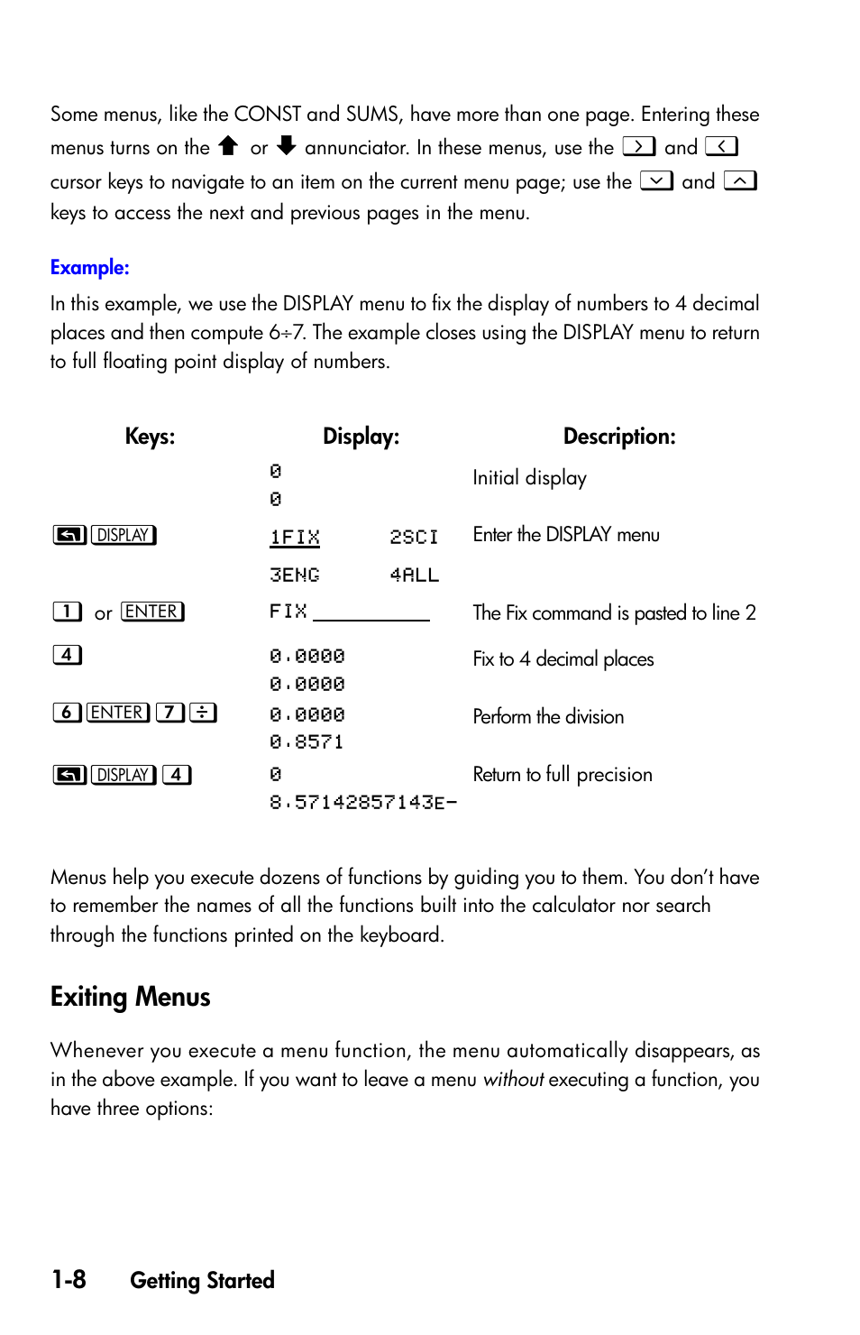 Exiting menus | HP 35s Scientific Calculator User Manual | Page 24 / 382