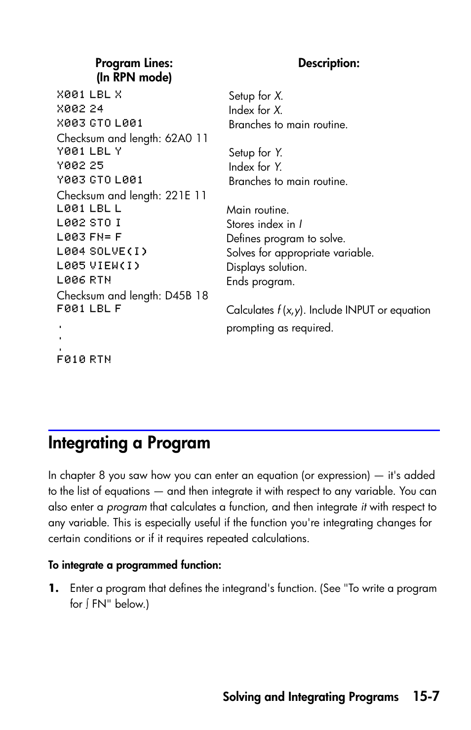 Integrating a program | HP 35s Scientific Calculator User Manual | Page 241 / 382