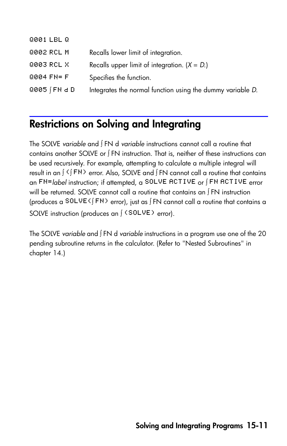 Restrictions on solving and integrating | HP 35s Scientific Calculator User Manual | Page 245 / 382