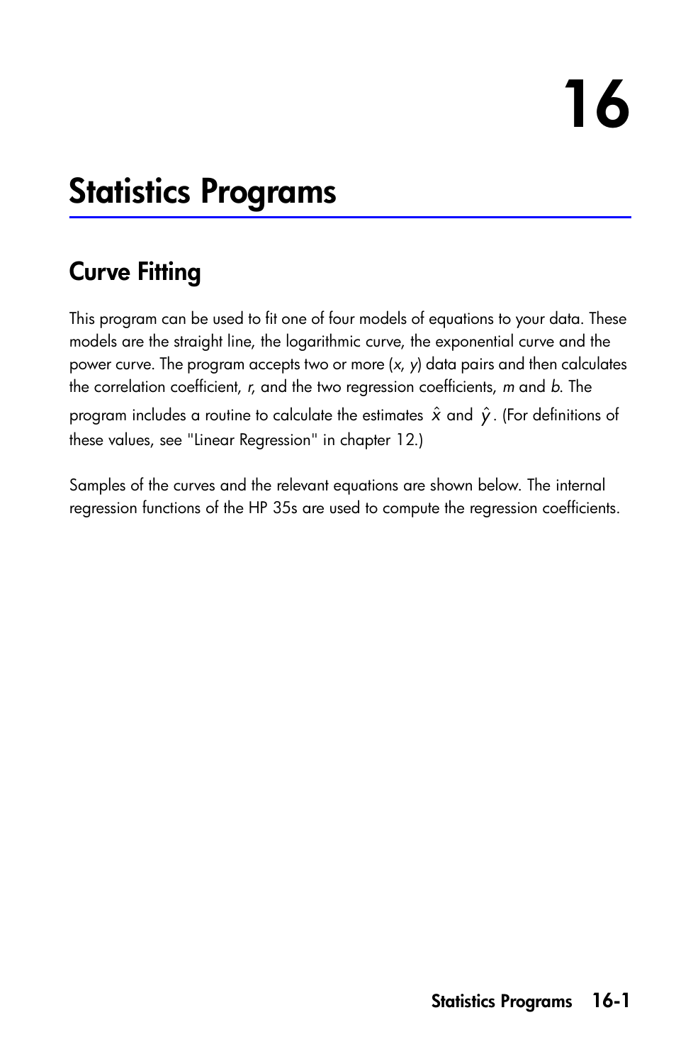 Statistics programs, Curve fitting | HP 35s Scientific Calculator User Manual | Page 247 / 382