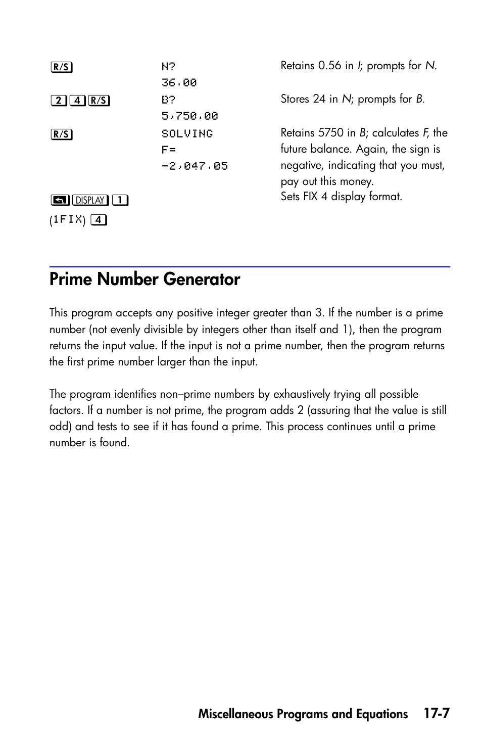 Prime number generator | HP 35s Scientific Calculator User Manual | Page 277 / 382