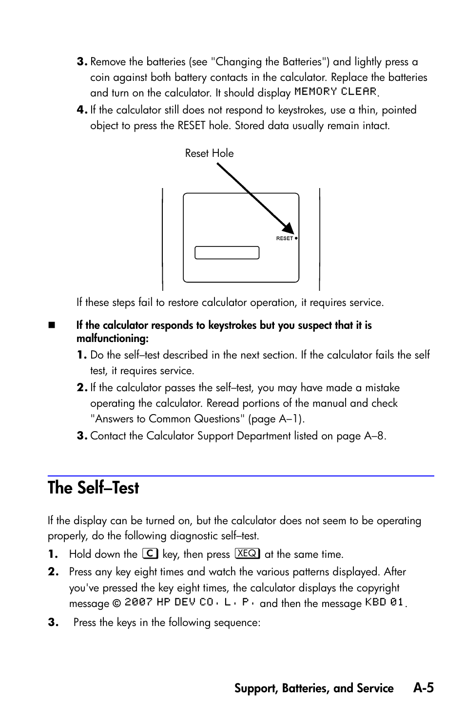 The self-test, The self–test | HP 35s Scientific Calculator User Manual | Page 291 / 382