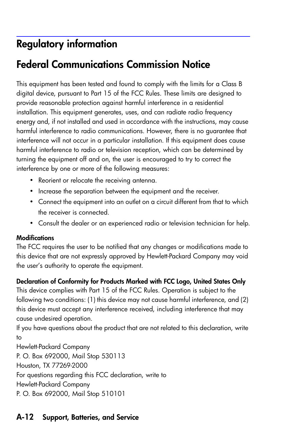 Regulatory information, Federal communications commission notice | HP 35s Scientific Calculator User Manual | Page 298 / 382