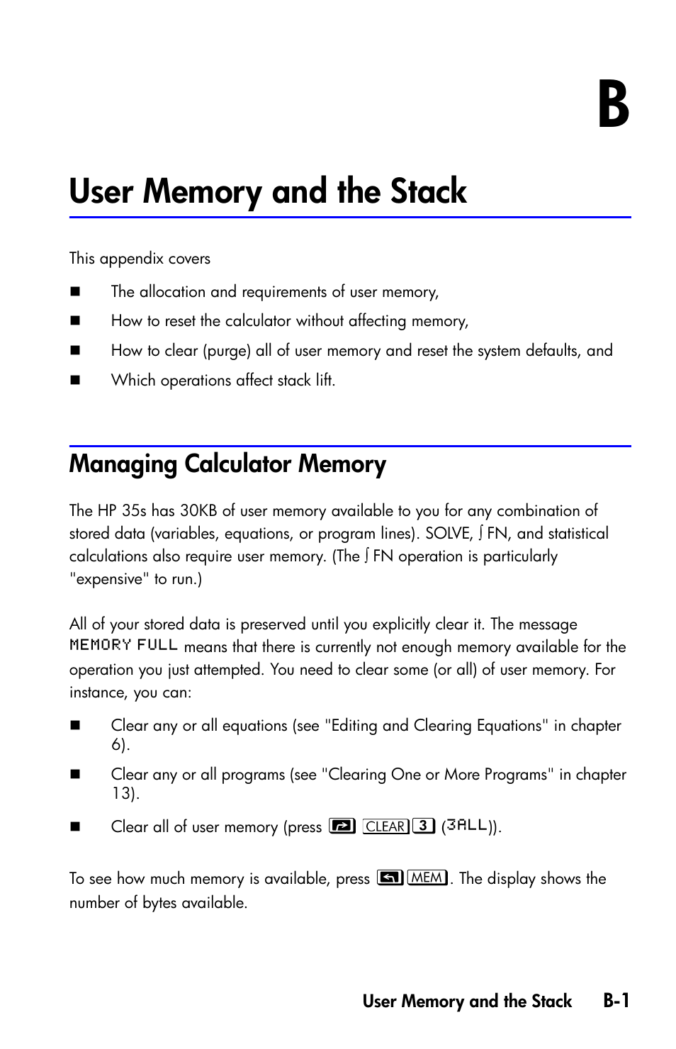 User memory and the stack, Managing calculator memory | HP 35s Scientific Calculator User Manual | Page 301 / 382