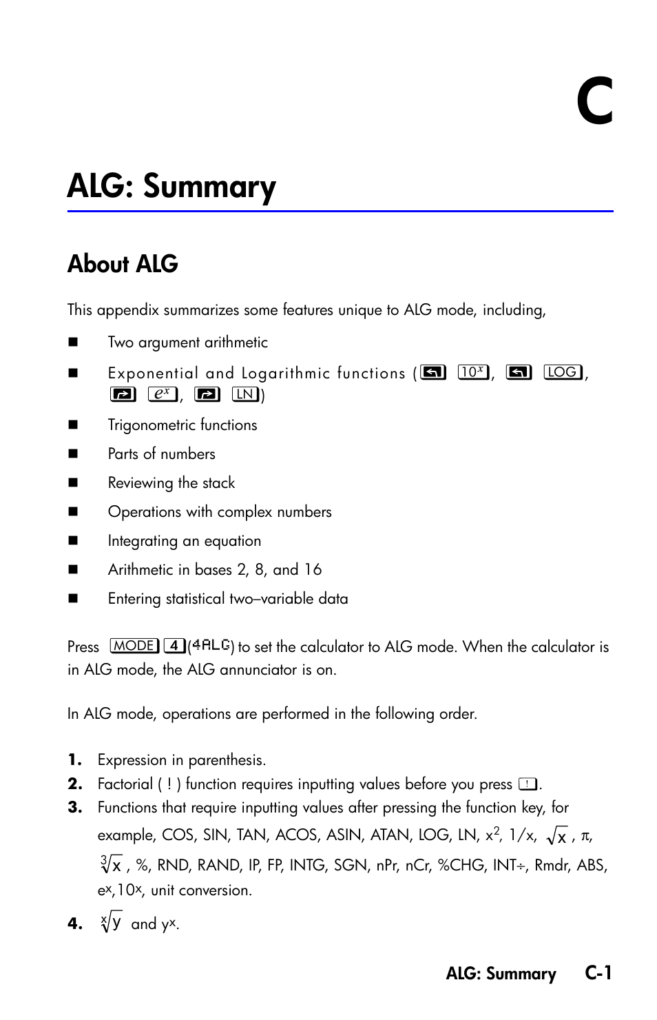 Alg: summary, About alg | HP 35s Scientific Calculator User Manual | Page 309 / 382
