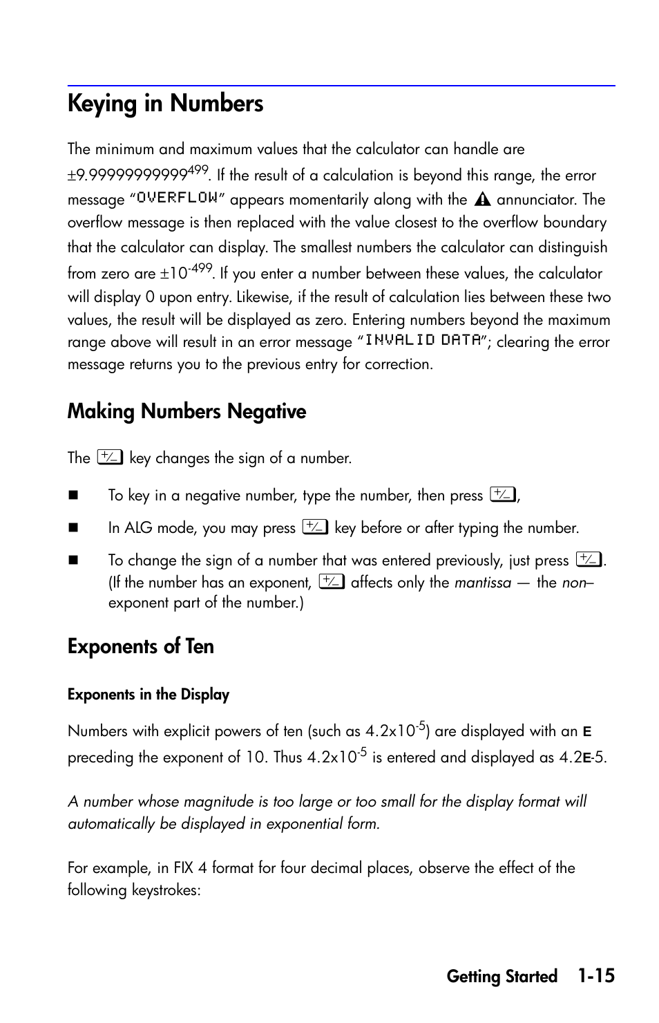 Keying in numbers, Making numbers negative, Exponents of ten | HP 35s Scientific Calculator User Manual | Page 31 / 382