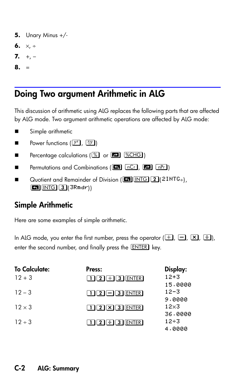 Doing two argument arithmetic in alg, Simple arithmetic, Doing tw | HP 35s Scientific Calculator User Manual | Page 310 / 382