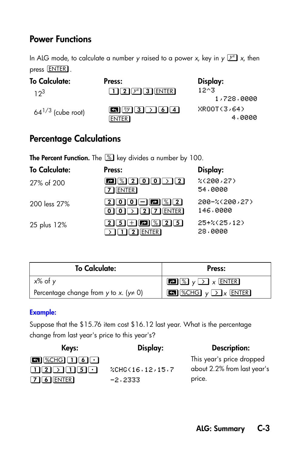 Power functions, Percentage calculations | HP 35s Scientific Calculator User Manual | Page 311 / 382
