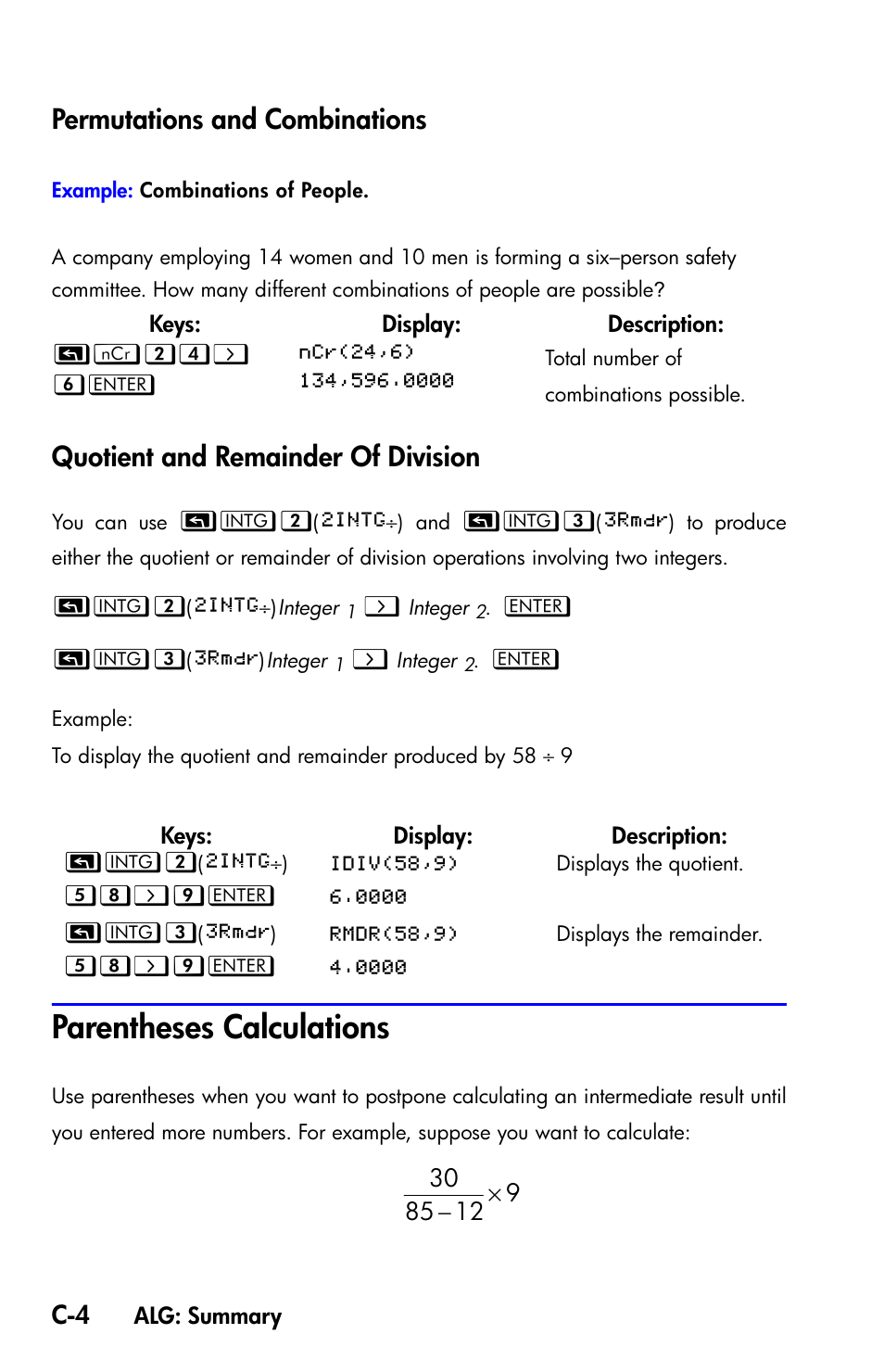 Permutations and combinations, Quotient and remainder of division, Parentheses calculations | HP 35s Scientific Calculator User Manual | Page 312 / 382
