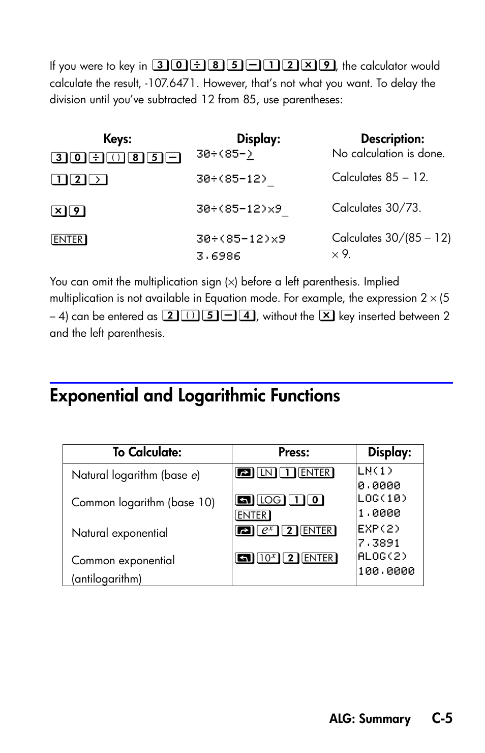 Exponential and logarithmic functions | HP 35s Scientific Calculator User Manual | Page 313 / 382