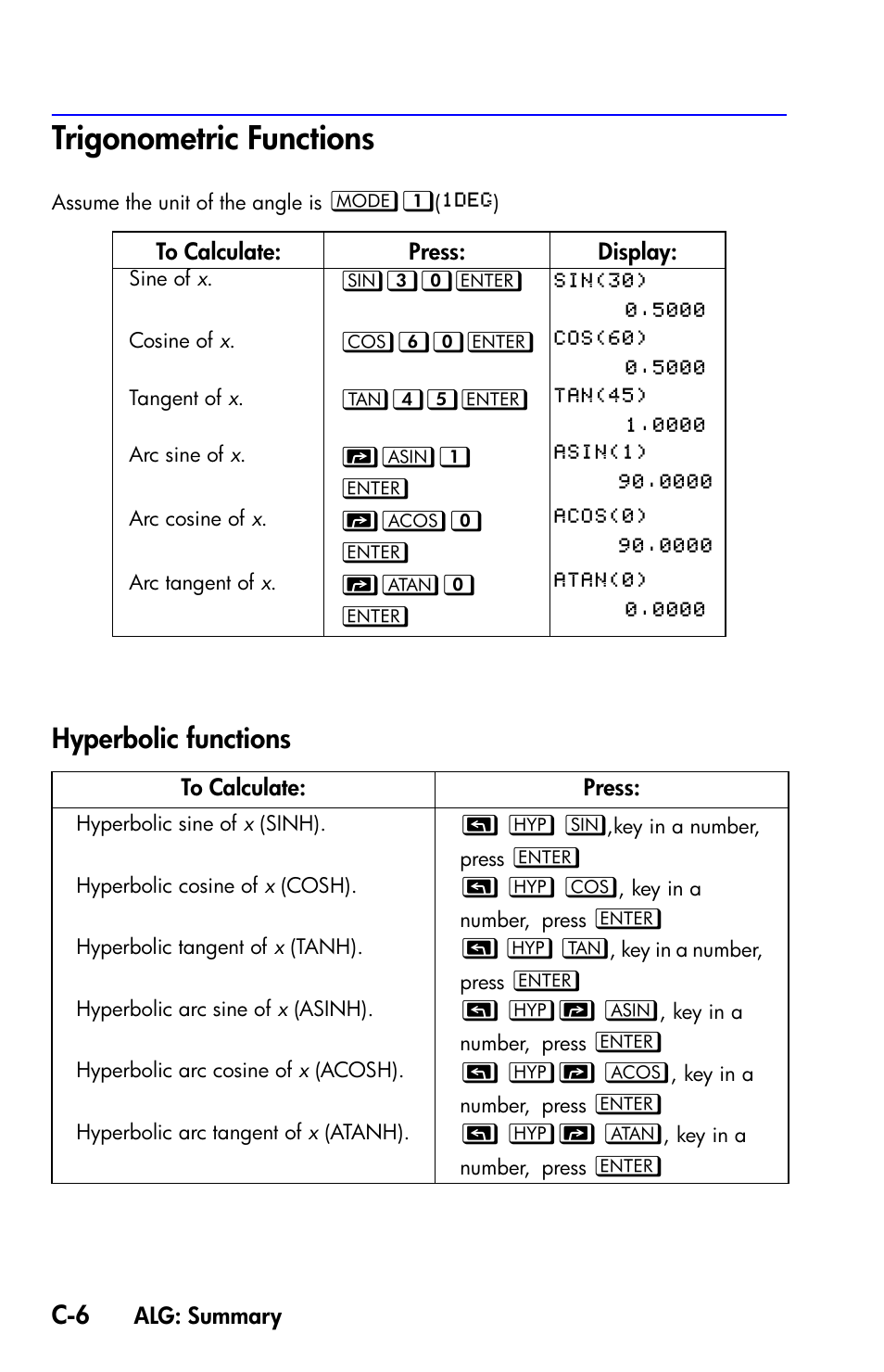 Trigonometric functions, Hyperbolic functions | HP 35s Scientific Calculator User Manual | Page 314 / 382