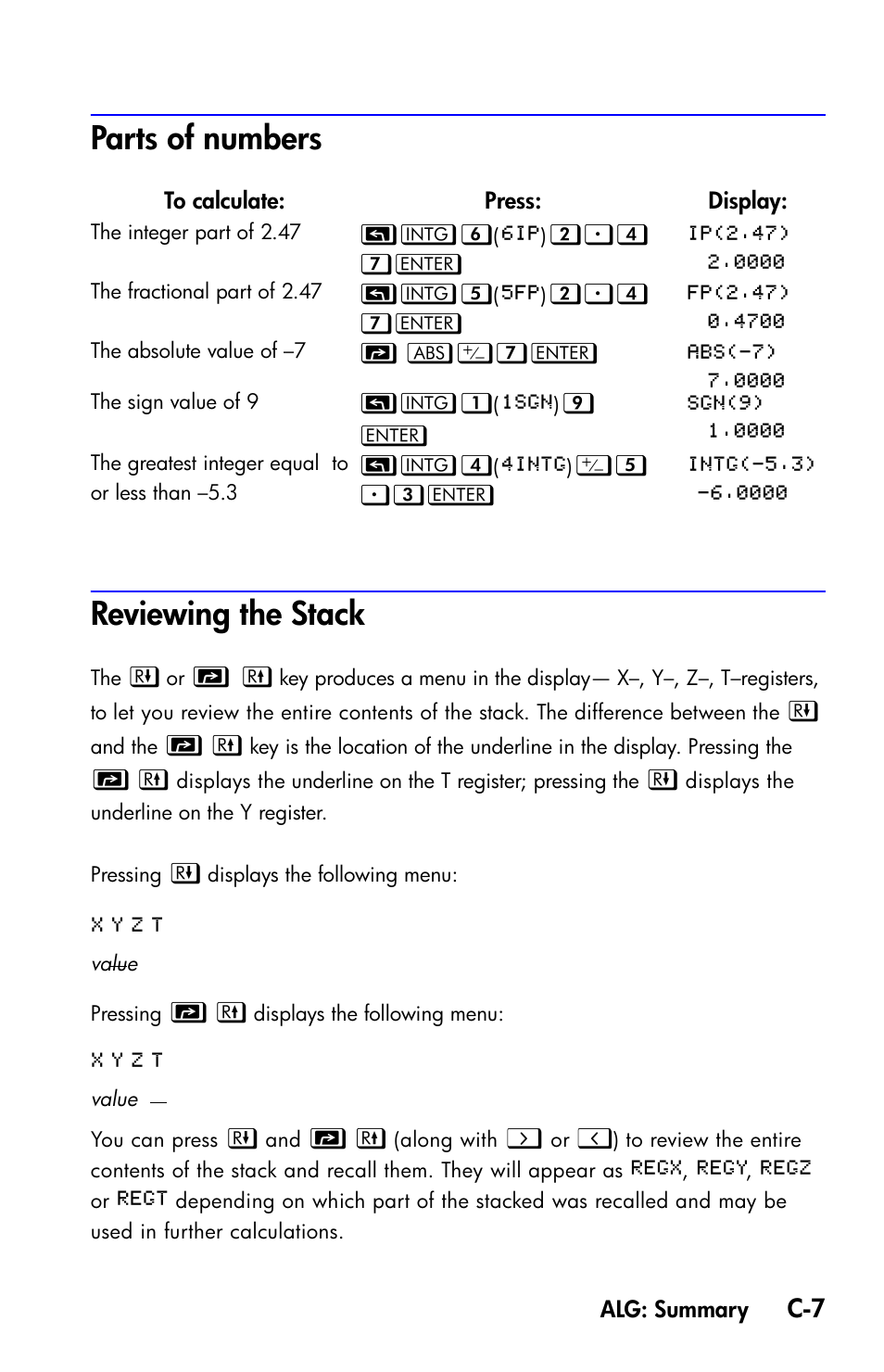 Parts of numbers, Reviewing the stack, Parts of numbers reviewing the stack | HP 35s Scientific Calculator User Manual | Page 315 / 382