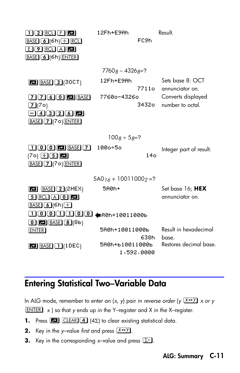 Entering statistical two-variable data, Entering statistical two–variable data | HP 35s Scientific Calculator User Manual | Page 319 / 382