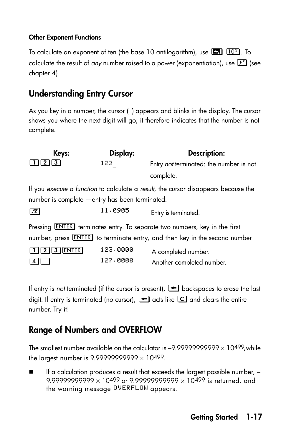 Understanding entry cursor, Range of numbers and overflow | HP 35s Scientific Calculator User Manual | Page 33 / 382