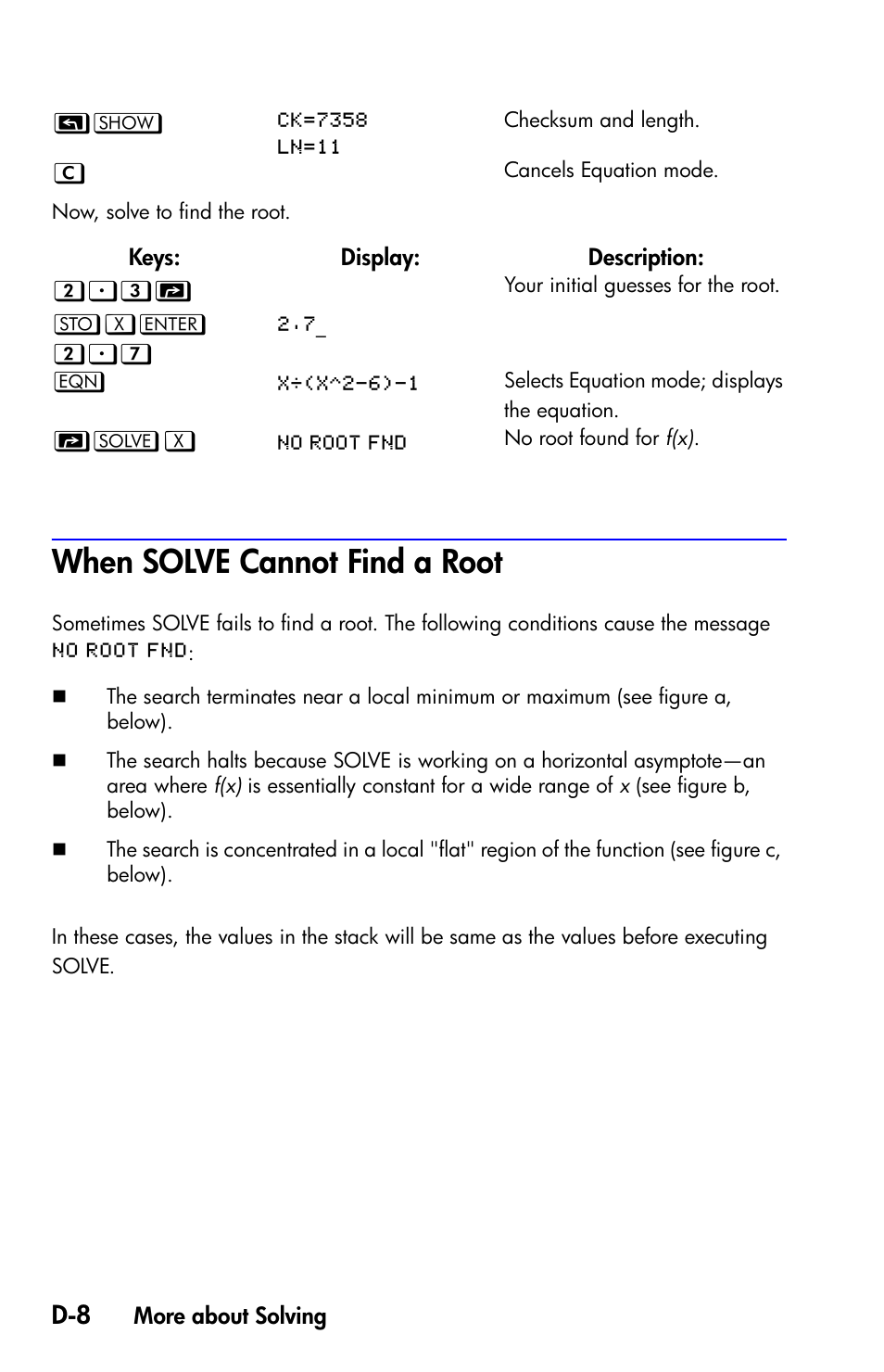 When solve cannot find a root | HP 35s Scientific Calculator User Manual | Page 330 / 382