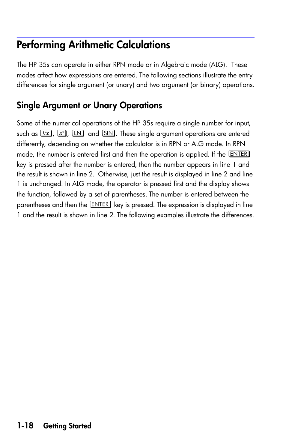 Performing arithmetic calculations, Single argument or unary operations | HP 35s Scientific Calculator User Manual | Page 34 / 382