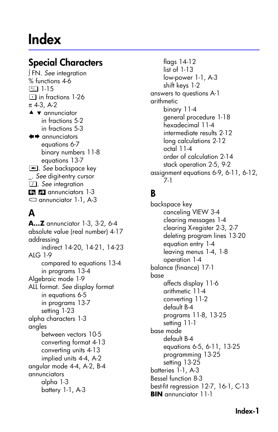 Index, Special characters | HP 35s Scientific Calculator User Manual | Page 371 / 382