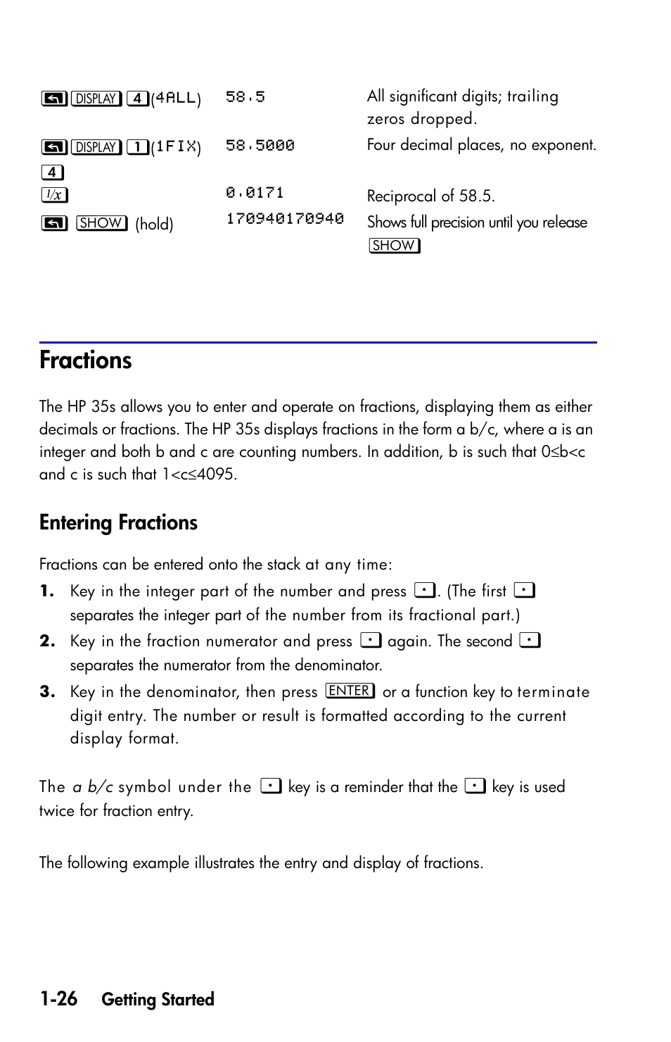 Fractions, Entering fractions | HP 35s Scientific Calculator User Manual | Page 42 / 382