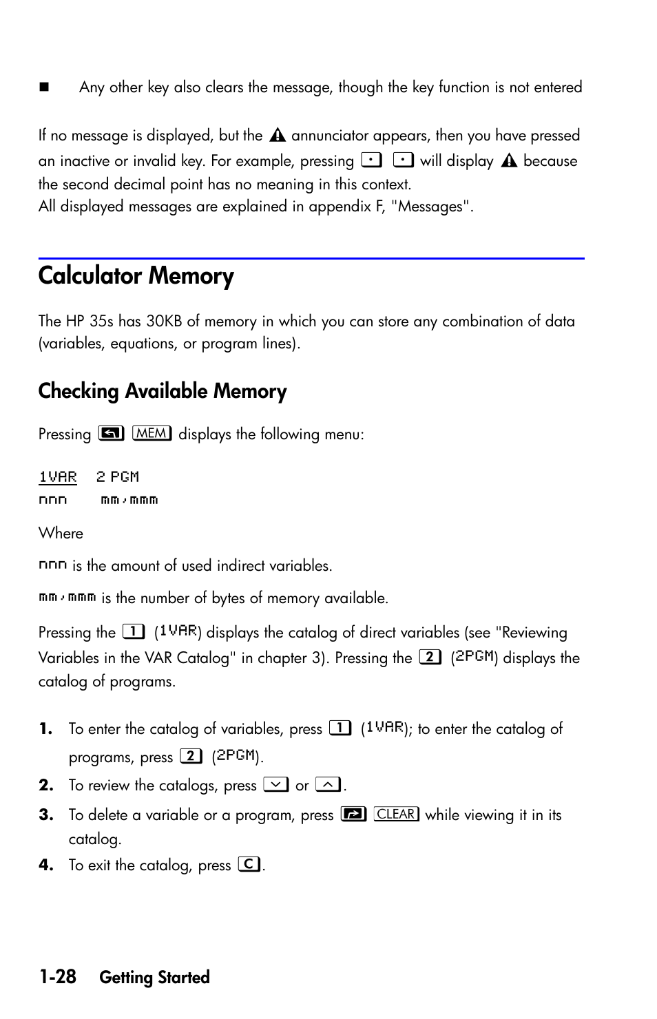 Calculator memory, Checking available memory | HP 35s Scientific Calculator User Manual | Page 44 / 382