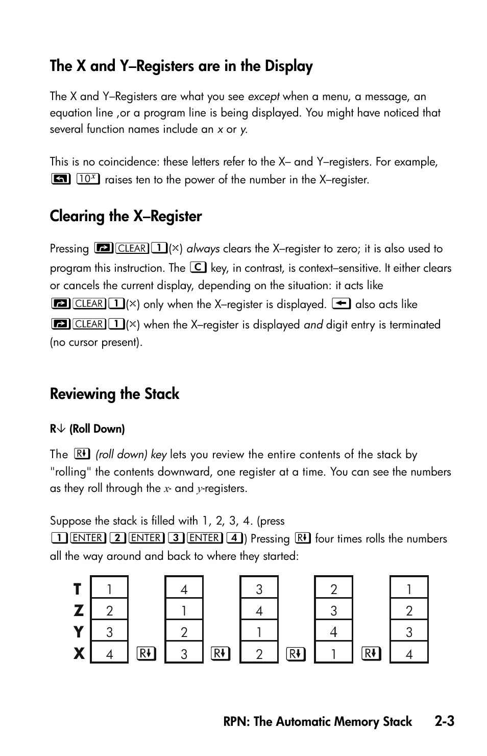 The x and y-registers are in the display, Clearing the x-register, Reviewing the stack | The x and y–registers are in the display, Clearing the x–register | HP 35s Scientific Calculator User Manual | Page 49 / 382