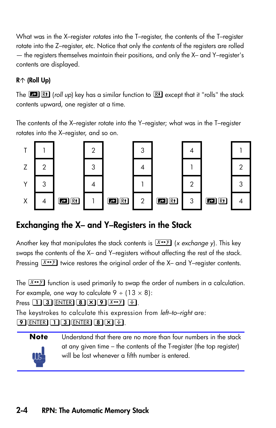 Exchanging the x- and y-registers in the stack, Exchanging the x– and y–registers in the stack | HP 35s Scientific Calculator User Manual | Page 50 / 382