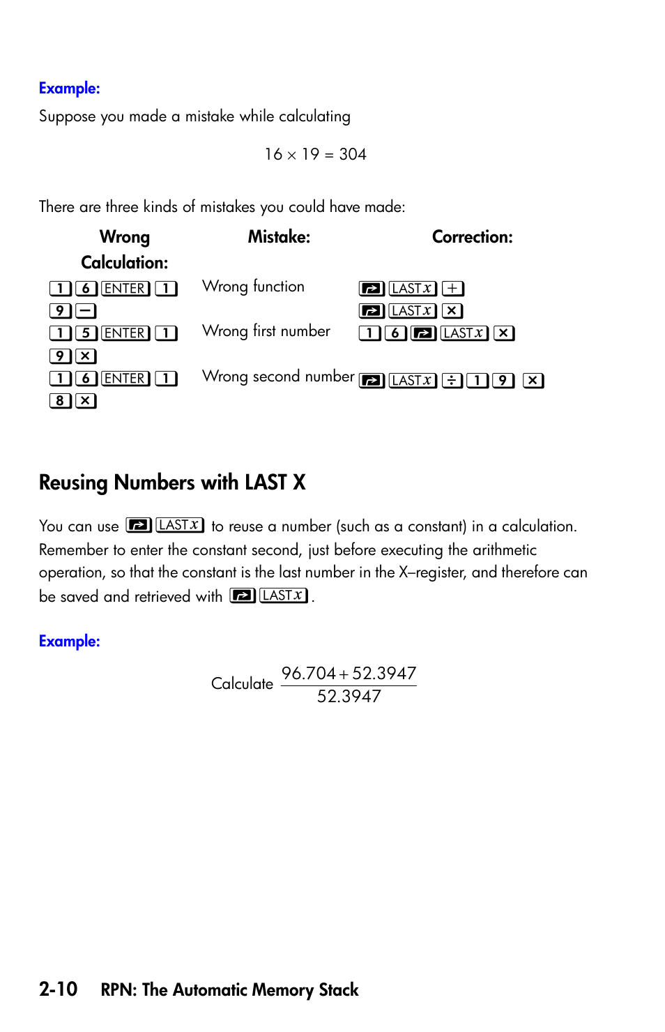 Reusing numbers with last x | HP 35s Scientific Calculator User Manual | Page 56 / 382