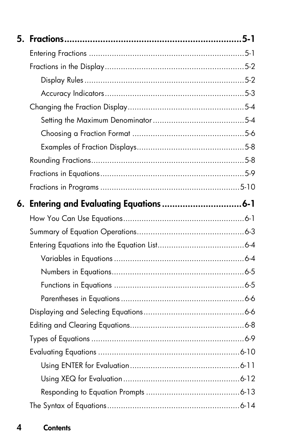 Fractions -1, Entering and evaluating equations -1 | HP 35s Scientific Calculator User Manual | Page 6 / 382