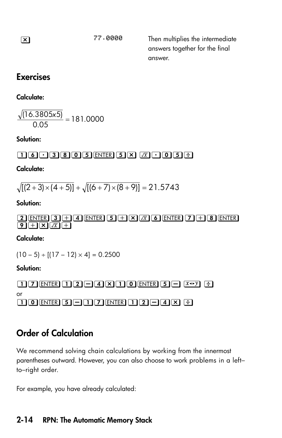 Exercises, Order of calculation | HP 35s Scientific Calculator User Manual | Page 60 / 382