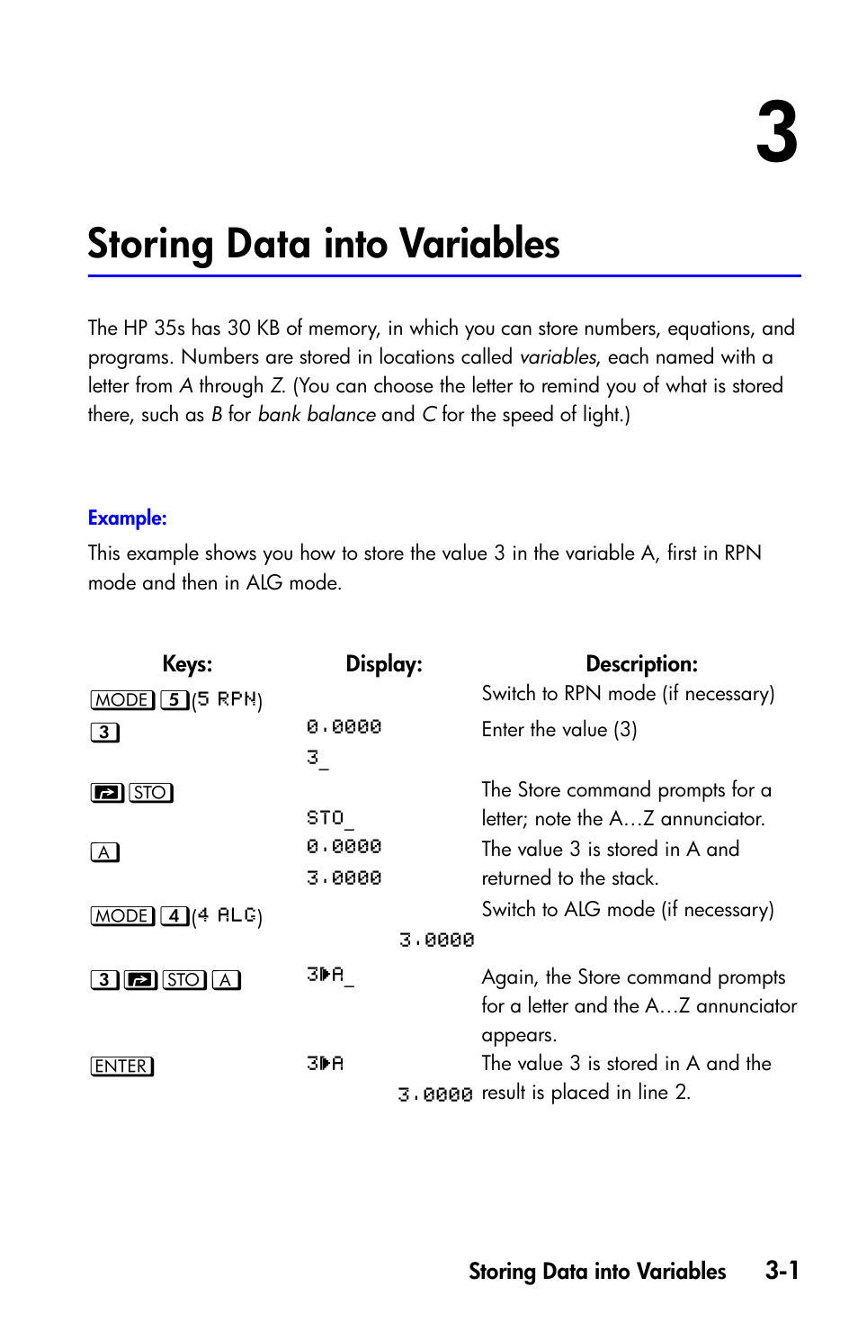 Storing data into variables | HP 35s Scientific Calculator User Manual | Page 65 / 382